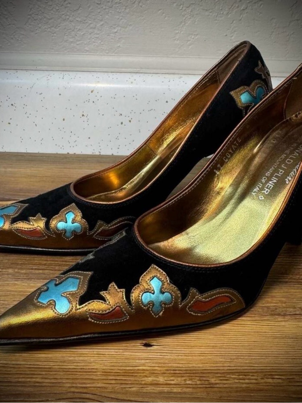 Donald J. Pliner Couture Black Suede Pumps with Turquoise and Gold Motif